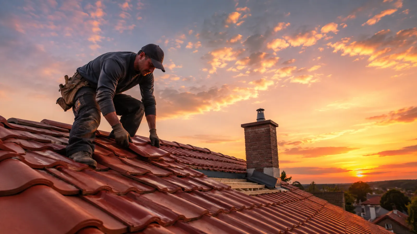 Handwerker bei Dacharbeiten im Abendlicht (KI-generiert)